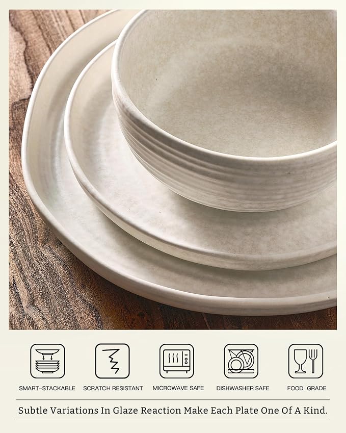 Famiware Pluto 12-Piece Stoneware Dinnerware Set, Matte Beige White | Double Reactive Glaze Plates and Bowls, Service for 4, Dishware Sets for Everyday & Formal Dining, Irregular Edge Dishes