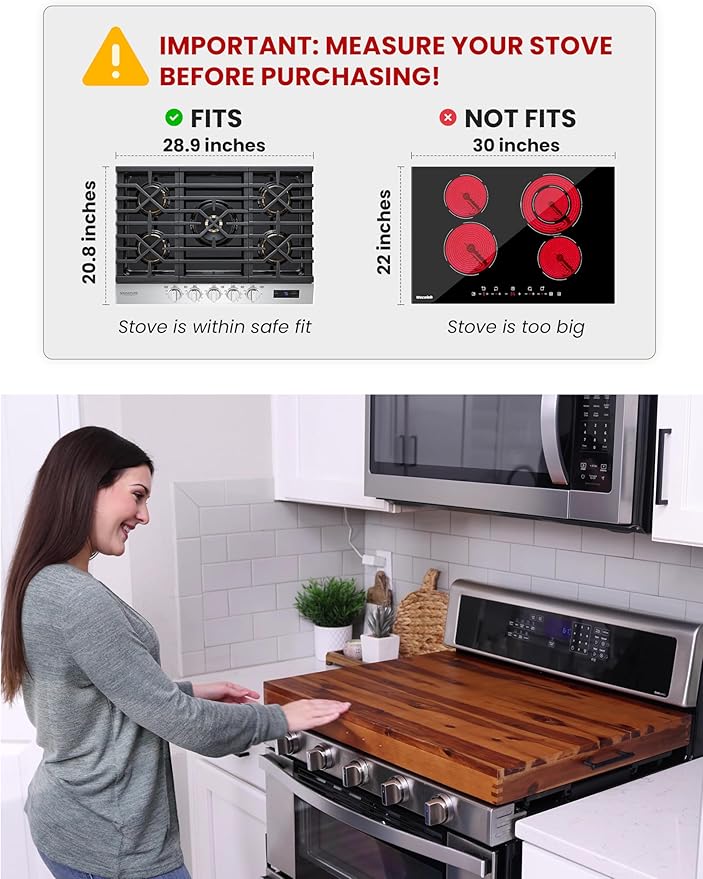 TIDITA Stove Top Covers for Electric Stove, Noodle Board, 30”x22” (Outer) | 28.9”x20.8” (Inner), Acacia Wood, Metal Handles, Non-Skid Pads, Noodles Board Stove Cover , Multi-Use, Easy Assembly