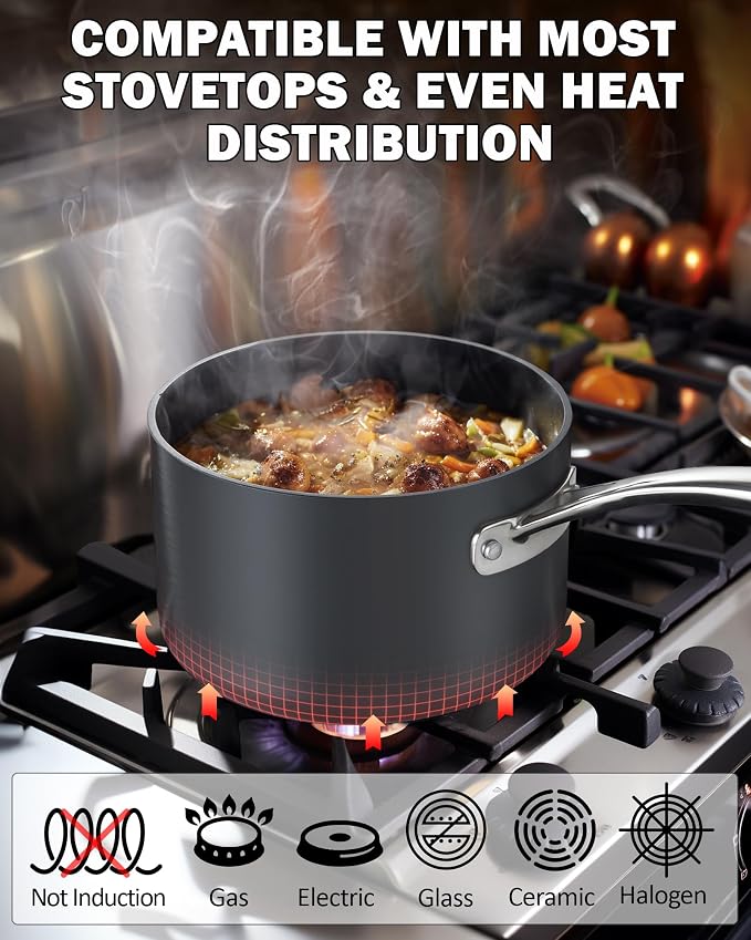 Cooks Standard Classic 1 Quart and 2 Quart Nonstick Saucepan Set with Glass Lids, Hard Anodized Non Stick Sauce Pans, Small Kitchen Cooking Sauce Pots Mini Milk Pans, Dishwasher Safe Cookware, Black