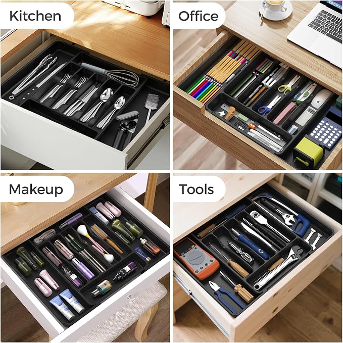 ukeetap Extra Large Expandable Silverware Organizer, Flatware Tray, Black | BPA-Free Food-Safe Kitchen Utensil Cutlery Drawer Organizer, Adjustable Silverware Holder for Spoons Forks Knives