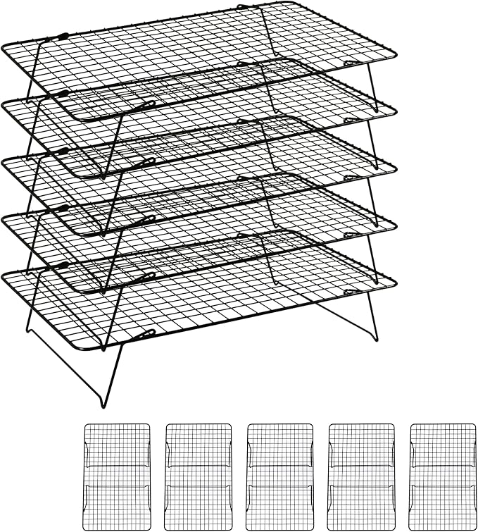 Cooling Rack 16"x10", 5-Tier Stackable & Collapsible Cooling Racks | Cooling Racks for Cooking and Baking, Roasting, Grilling, Oven & Dishwasher Safe (Black, 5-Tier)