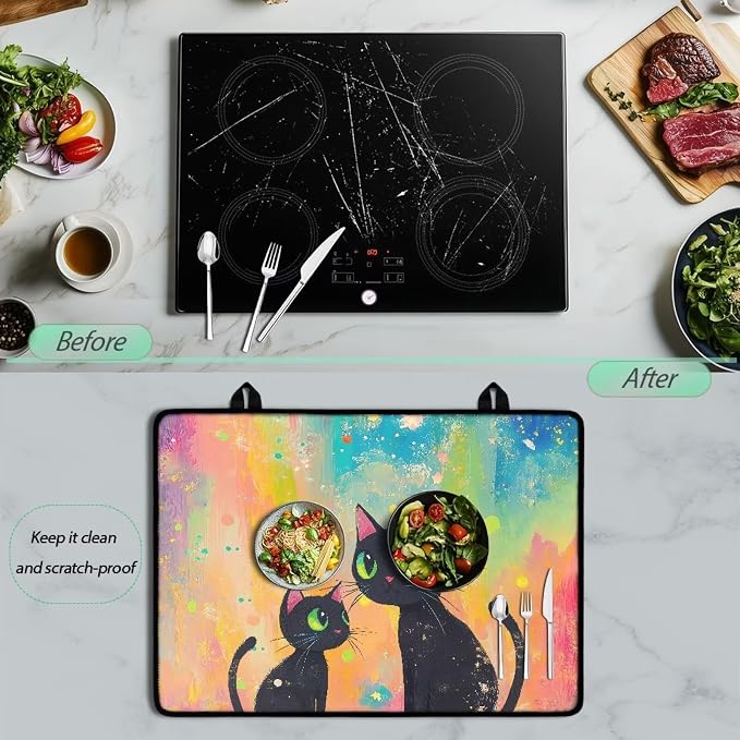 Cartoon Black Cat Oil Painting Print Stove Top Covers for Electric Stove Thick Induction Silicone Stove Cover Mat Anti-Slip Range Covers Ceramic Table Protector, 29.18 x 20.96 inch