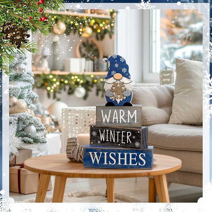 Lineshading 4 Pcs Winter Gnome Wooden Sign Blue Tiered Tray Decor Farmhouse | Stackable Warm Winter Wishes Blocks, Rustic Wood Finish, Season-long Centerpiece for Kitchen Shelf and Mantel Display