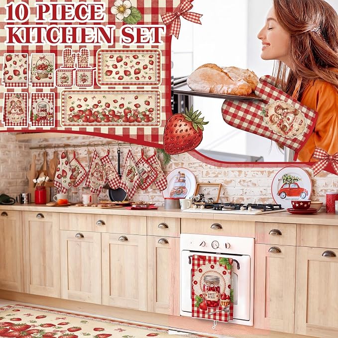 Fourluoo 10 Pcs Rustic Strawberry Kitchen Decor Set Dish Towels Rugs Oven Mitts and Pot Holders for Cooking Baking Grilling Women Mom Gift