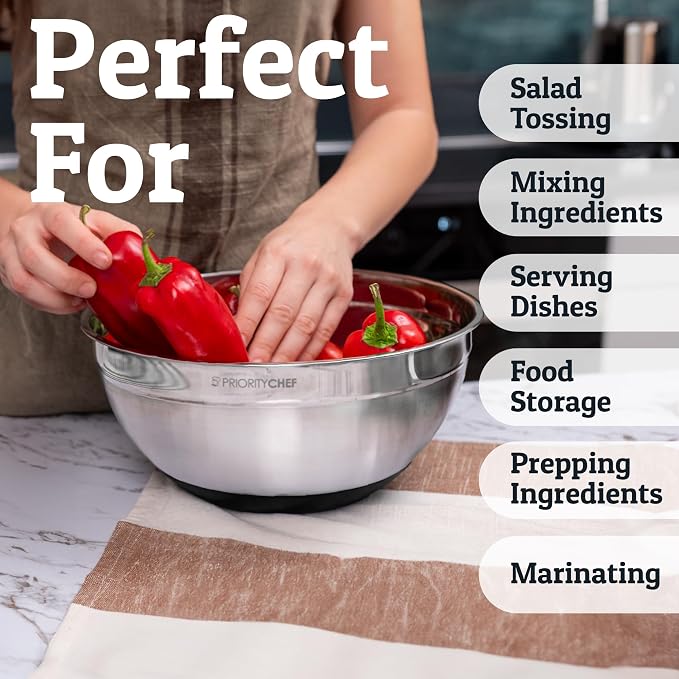 Priority Chef 6pc Stainless Steel Mixing Bowls with Lids Set, 7 Qt, Black | Non-Slip Nesting Bowls, 3 Graters and Interior Measurement Marks; For Meal Prep, Baking and Airtight Fridge Storage