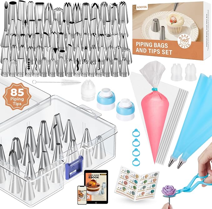 Kootek 140 Piping Bags and Tips Set Frosting Piping Kit for Beginner & Pros | Baking Supplies Tools, 40+2 Disposable & Reusable Piping Bags 12", 85 Icing Piping Tips, for Cookie Cupcake Cake Decorating
