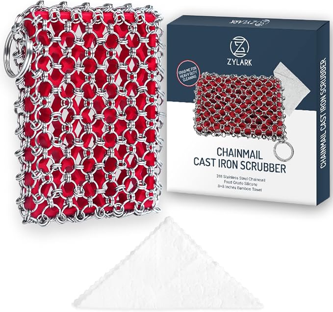 316L Cast Iron Scrubber Chainmail - Chain Mail Scrubber for Skillet, Pan | Cast Iron Cleaner Scrubber and Bamboo Cloth Set - Stainless Steel Chainmail Scrubber for Dutch Oven - Essential Accessory