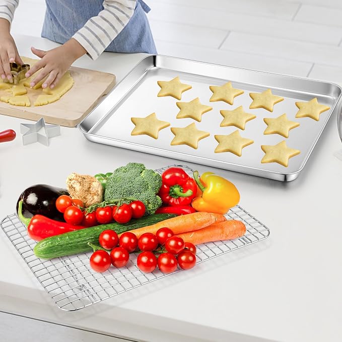 TeamFar Cookie Sheets with Cooling Racks, 2 Pans + 2 Racks, 16x12x1 Inch | Stainless Steel Baking Sheet Pans with Grid Wire Racks for Cooling Baking Roasting, Non-Toxic & Heavy Duty, Dishwasher Safe