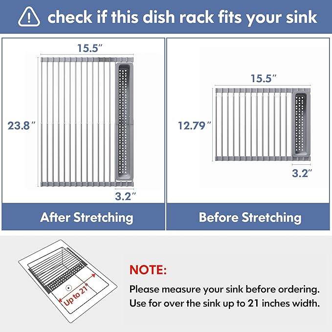 JASIWAY Roll Up Dish Drying Rack for Kitchen Sink with Utensil Holder | Foldable Expandable Stainless Steel Over Sink Dish Drainer, Silicone Wrapped, Multipurpose Portable Sink Drying Mat, Gray