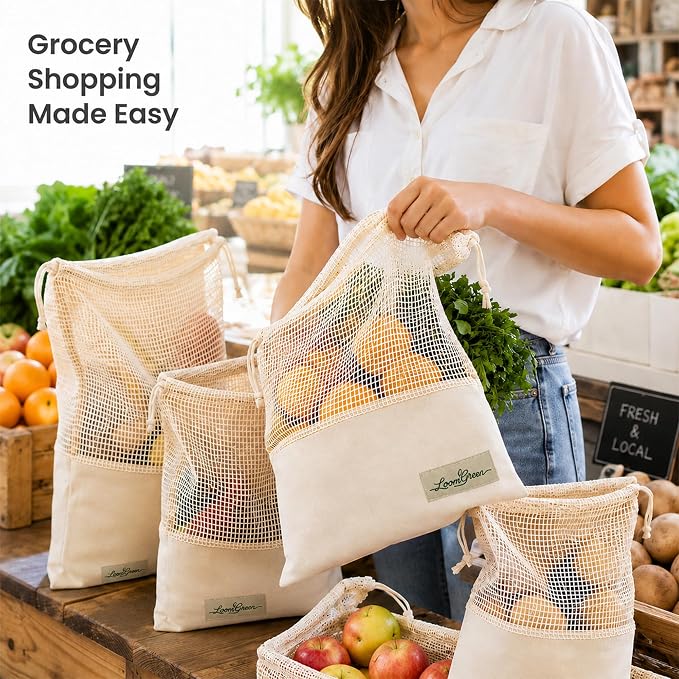 Multi-Purpose DrawString Bags - Canvas and Cotton Mesh Bags | Reusable Grocery, Laundry, Travel Organizer