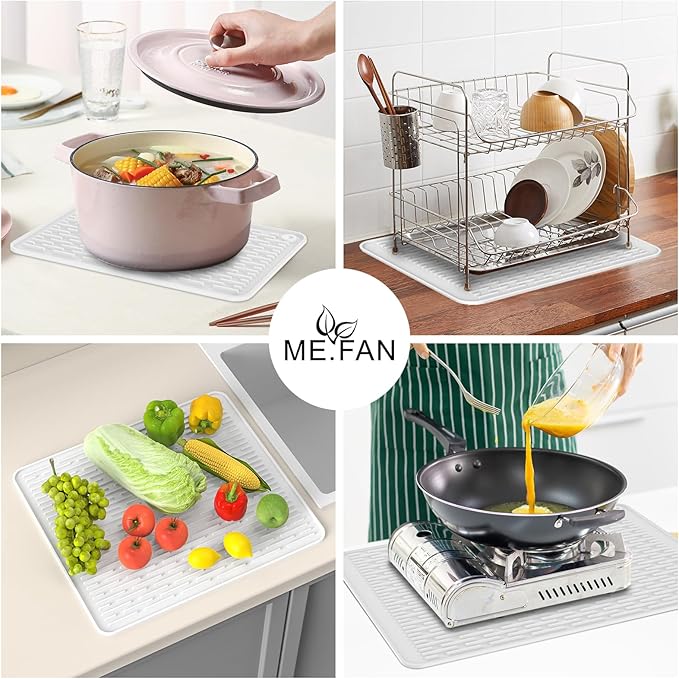 ME.FAN Silicone Dish Drying Mat for Kitchen Counter, Dish Drying Pad for Sink, Refrigerator or Drawer, Countertop Protection Pad L - 18''×16'' - White