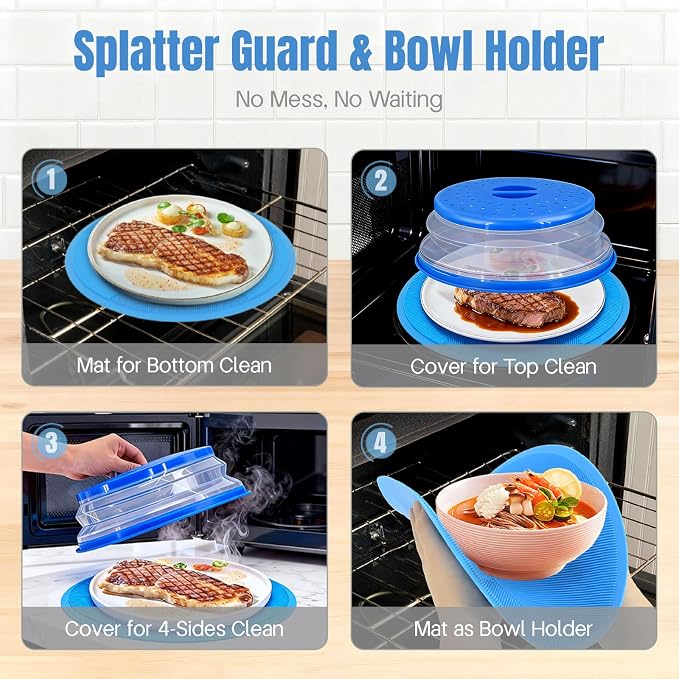 Microwave Splatter Cover - Microwave Mats Multi Use, Silicone Mat Place Holder Hot Food Cover, Microwave Plate Cover for Food, Pot Pad, Heat, Trivet, Kitchen Counter Mat Blue
