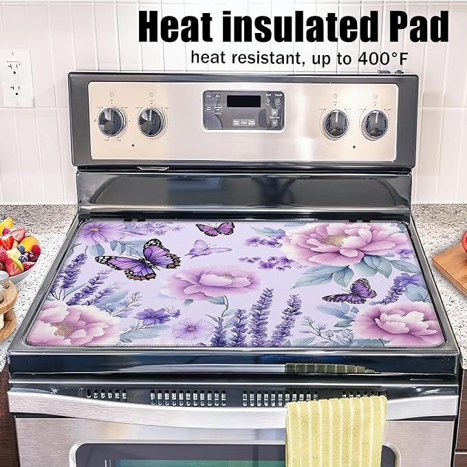 Purple Flowers Glass Top Stove Cover Protector,Watercolor Butterfly Heat Resistant Stove Top Cover, Large Size Range Covers for Electric Stove Countertop Mat, 28 x 20 Inch