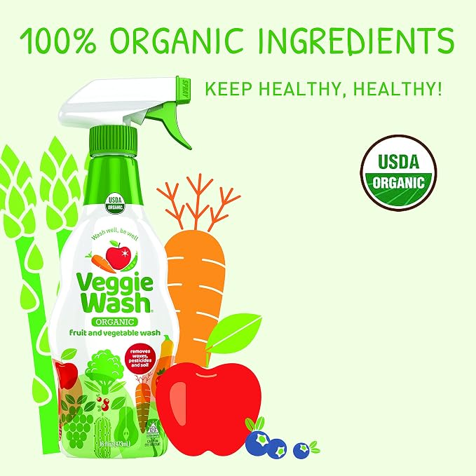 Veggie Wash Organic Fruit and Vegetable Wash, 16 Fluid Ounce | Ideal for Cleaning Produce, Vegan, Plant-Derived Ingredients, Unscented, No Parabens or Harsh Surfactants, Packaging May Vary