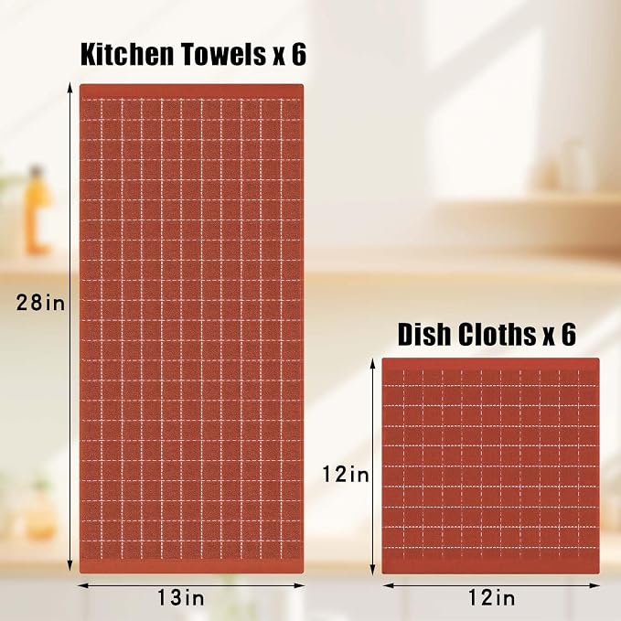 Homaxy Kitchen Towels and Dishcloths Set, Set of 10, Rust | Bulk Cotton Terry Kitchen Towels, Checkered Designed, Soft and Super Absorbent Dish Towels, 12 x 12 and 13 x 28 Inches