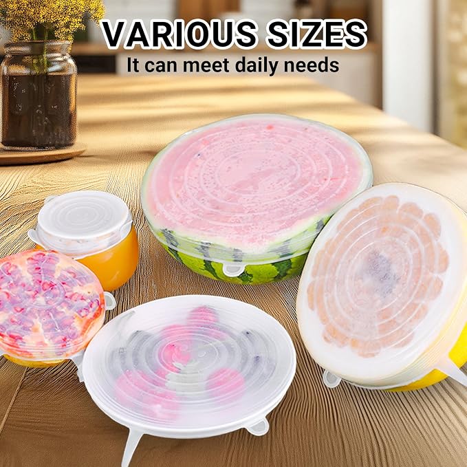 4 Pack 2.6in Reusable Silicone Stretch Lids, Silicone Bowl Covers for Food Storage, Universal Stretchable Lids for Containers Produce, Elastic Expandable Seal Cover, Microwave Freezer Safe