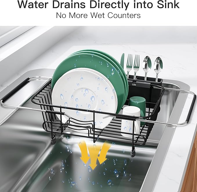 JASIWAY Black Dish Drying Rack in Sink with Utensil Holder, RV, Apartment | Over Sink Expandable Stainless Steel Dish Drainers for Compact Kitchen, Space Saving, Fast Drain, Rustproof, For 1-2 people
