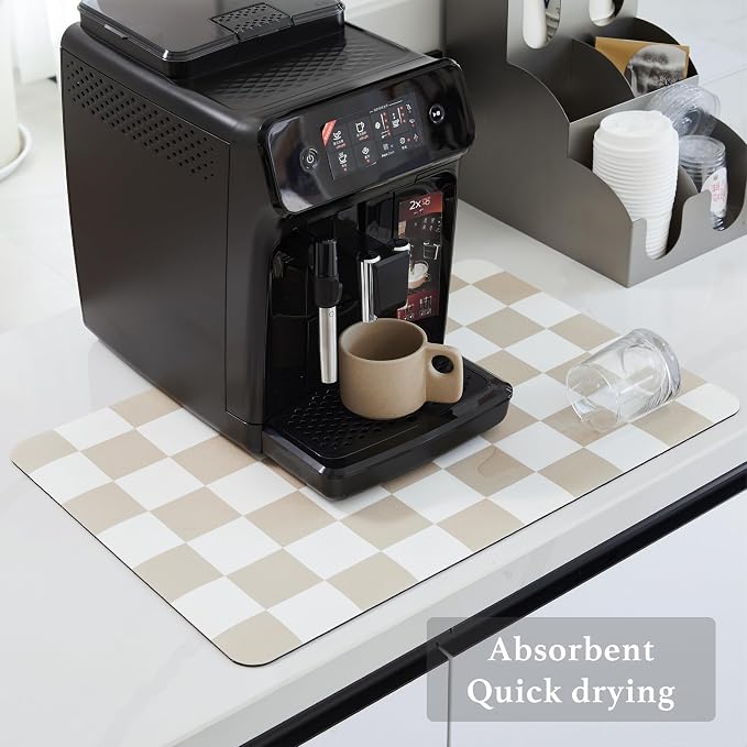 Ohocut Checkered Dish Drying Mat for Kitchen Counter, Coffee Bar Station Accessories, Retro Cute Aesthetic Modern Absorbent Drainer Mat Kitchen Drying Mat Easy Clean, Beige 12" x 19"
