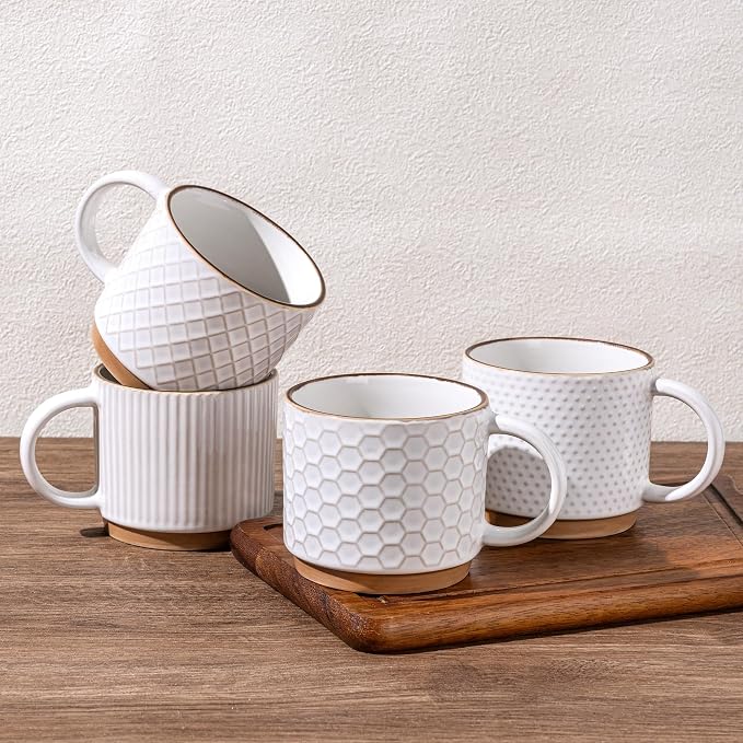 GBhome 15 OZ Stackable Coffee Mugs Set of 4, Ceramic Coffee Cups Set | 4 Assorted Designs, Embossed Mugs with Texture Patterns for Tea/Coffee, Dishwasher&Microwave Safe, Off White