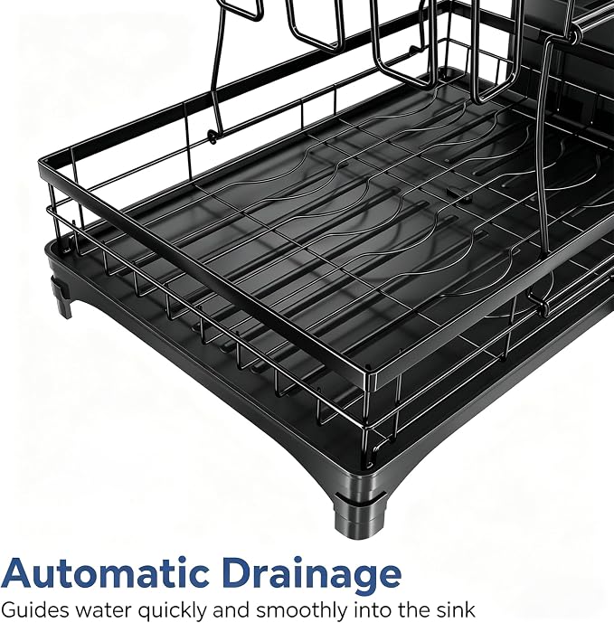 Simple Trending Dish Drying Rack, 2-Tier with Utensil Holder, Black | Stainless Steel Dish Rack for Kitchen Counter, Large Capacity Dish Drainer Organizer, Automatic Drainage, 17"D x 12"W x 15"H