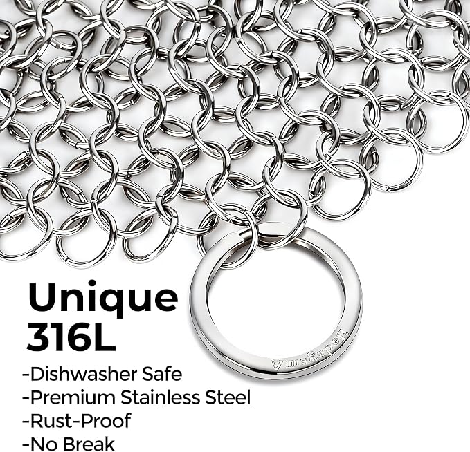 AMAGABELI GARDEN & HOME 7”x7” Cast Iron Cleaner 316L Stainless Steel Chainmail Scrubber for Griddle Skillet Dutch Oven Wok Grills Stainless Steel Pot Cast Iron Pan