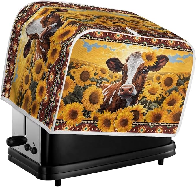 Sunflower Cow Print Toaster Cover for Home Office, Cute 4 Slice Wide Slot Toaster Appliance Cover, Dirtproof Bread Toaster Cover Bakeware Protector