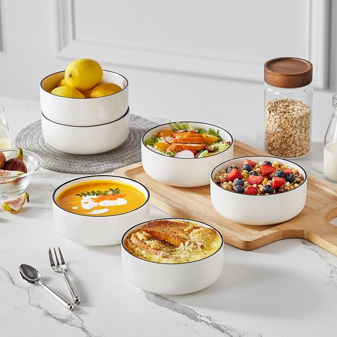 MALACASA 24 OZ Ceramic Bowls Set of 6, Soup Cereal Bowls, Black Rim | Porcelain Bowls for Breakfast, Cereal, Soup, Oatmeal, Yogurt, Microwave, Oven, Dishwasher Safe for Daily Use, Series LUNA