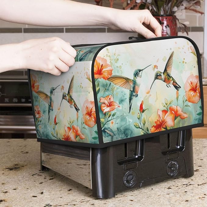 4 Slice Toaster Cover Hummingbird Flower Watercolor Dust Proof Washable Kitchen Appliance Cover with Pocket, Oxford Fabric Countertop Toaster Protector for Standard Toasters Small Appliances