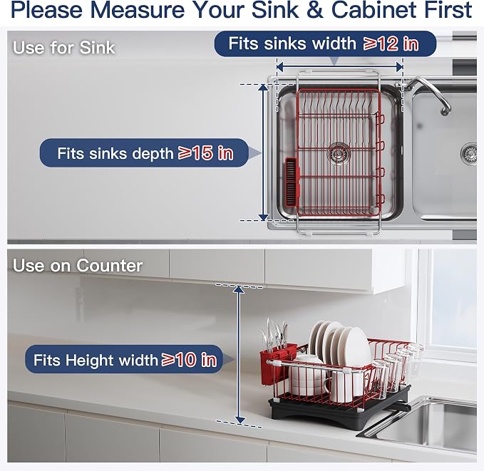 JASIWAY Red Dish Drying Rack in Sink with Drainboard and Utensil Holder | Use Over the Sink or Counter, Stainless Steel Expandable Dish Drainer for Small Kitchen, Space Saving, Fast Drain, Rustproof