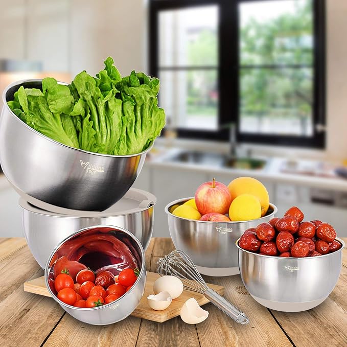 Wildone Mixing Bowls with Airtight Lids Set, 5PCS Stainless Steel Khaki Nesting Bowls for Kitchen, with Grater Attachments & Non-Slip Bottoms, Size 5, 3, 2, 1.5, 0.63 QT, Great for Mixing & Serving