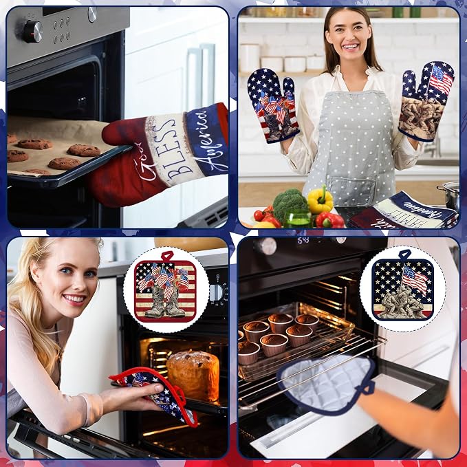SiliFine 12 Pcs 4th of July Kitchen Decorations Set Patriotic Kitchen Towels Oven Mitts Pot Holders American Flag Themed Cooking Baking Home Accessories for Independence Day Memorial Day