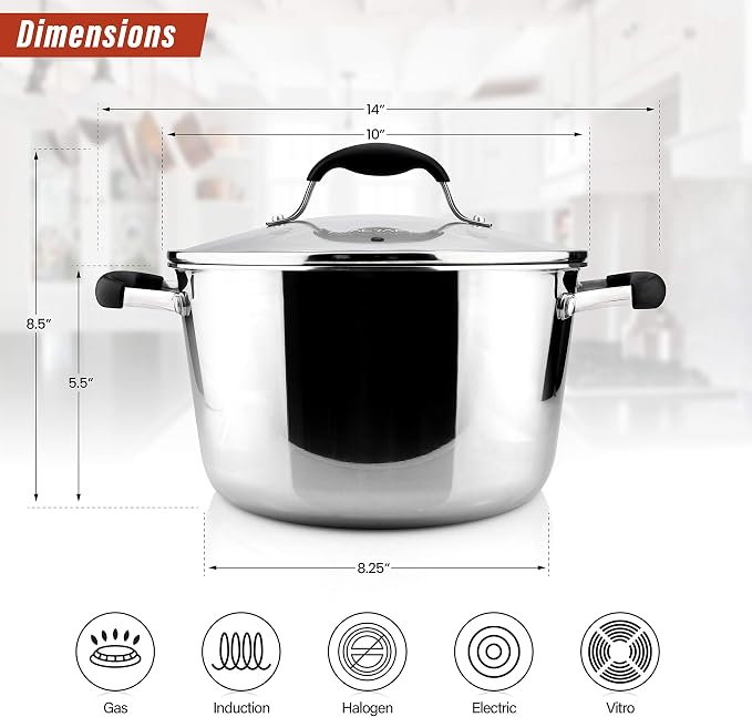 AVACRAFT 5 Quart Tri-Ply 18/10 Stainless Steel Dutch Oven | Full Tri-Ply Body, Tempered Glass Lid, Induction Compatible, Oven Safe, Dishwasher Safe, Even Heat Distribution