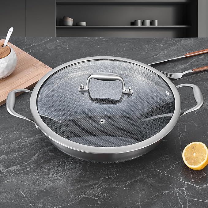 LOLYKITCH Hybird Nonstick Wok Pan with Lid | 13-Inch | Rivented Handle | Non Toxic | Tri-Ply Stainless Steel | Ceramic Coating | Stir Fry Pan | Induction Compatible | Dishwasher & Oven Safe