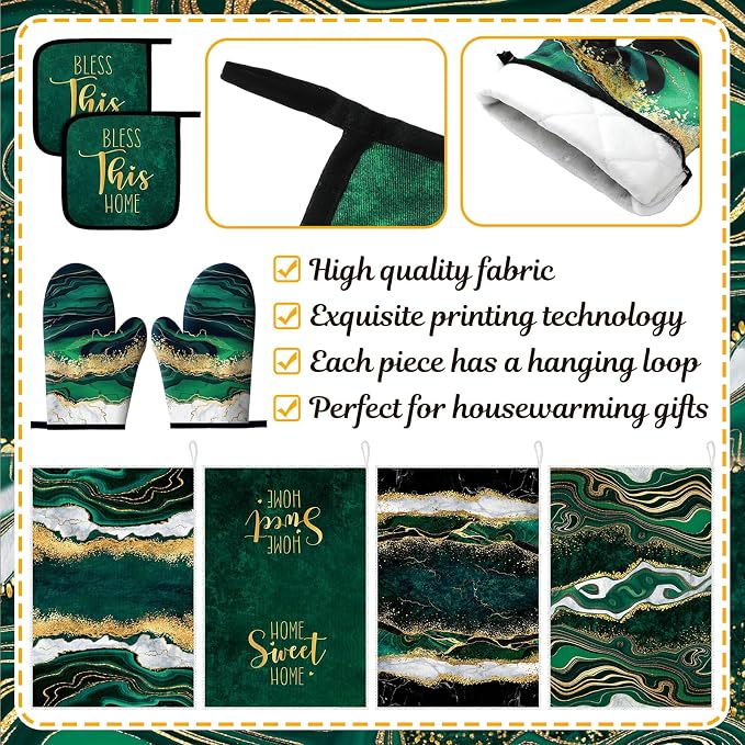 Leinuosen 8 Pcs Green and Gold Marble Kitchen Towels and Dishcloths Sets Oven Mitts and Pot Holders Absorbent Kitchen Gloves Potholders Heat Resistant for Chef Baking Cooking