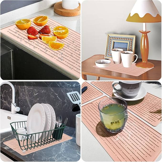 Dish Drying Mats, Heat-resistant Silicone Mat for Kitchen Counter, Non-Slip Dish Dry Mat Dishwasher Safe Large, Pink