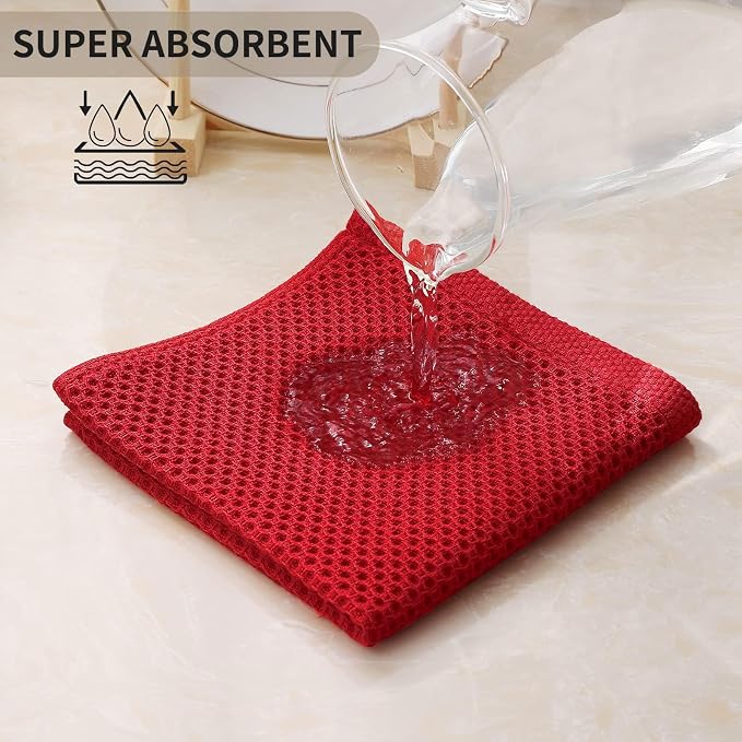 Kitinjoy 100% Cotton Kitchen Dish Cloths, 6 Pack Waffle Weave Ultra Soft Absorbent Dish Towels for Drying Dishes Quick Drying Kitchen Towels Dish Rags, 12 X 12 Inches, Red | Ultra Absorbent, Super Soft, lightweight, Quick Drying Dish Rags for Washing D...