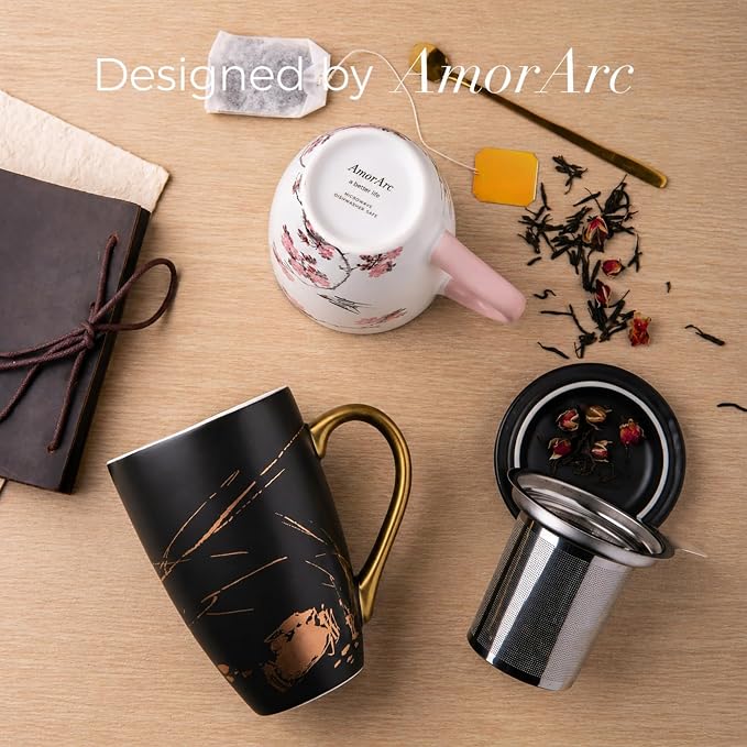 AmorArc Tea Cup With Infuser and Lid, 18oz Loose Leaf Tea Mug With Steeper | Porcelain Tea Mug With Infuser and Lid, Large Strainer Tea Cup with Lid for Tea, Coffee Mug for House-warming Birthday Gift