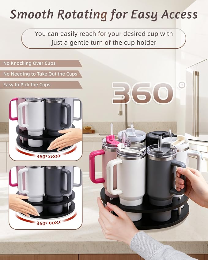 Rotating Wood Tumbler Organizer, 30 oz 40 oz Spinning Turnable Tumblers Holder, 360° Rotatable 7 Large Cups Bottle Tumbler Storage Display Stand, Rotate Syrup Organizer for Cabinet Countertop（Black）