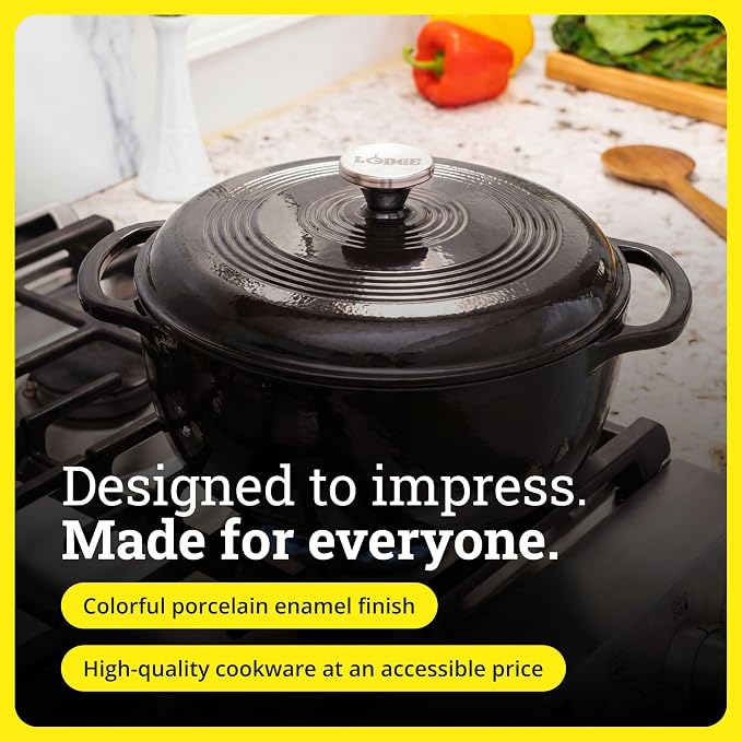 Lodge Essential Enamel Cast Iron Dutch Oven 6 Quarts - Perfect for Bread Baking, Braising, Marinating & Slow Cooking, Features Moisture-Sealing Lid & Dual Handles, Kitchen Essentials, Midnight Chrome