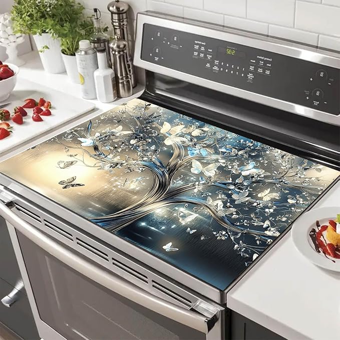 HOMETITUTE Silver Butterfly Tree Stove Top Cover 28x20 Diatomite Decor Mat