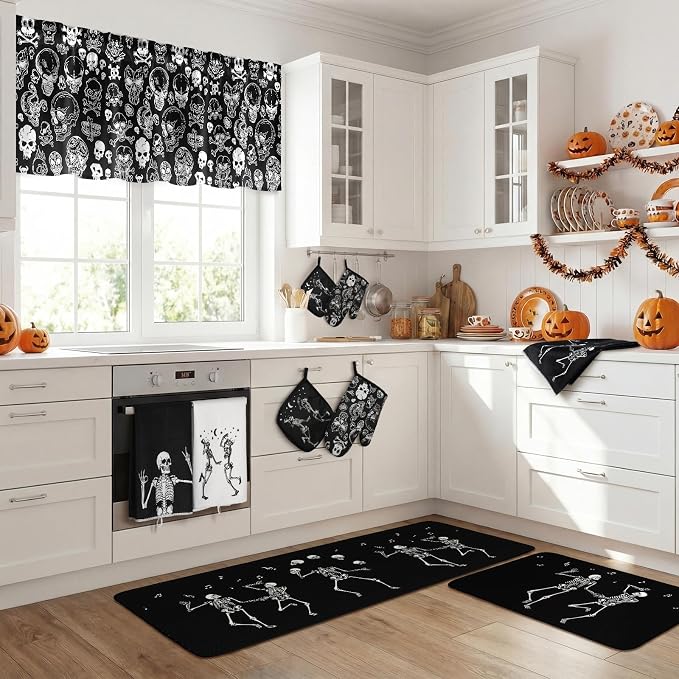 Fourluoo 16 Pcs Black Halloween Kitchen Decor Set Skeleton Towels Rugs | Dishcloths Pot Holders, Non Slip Floor Mats, Heat Resistant Mitts, Scary Curtains, Spooky Gothic Home Decor Accessories