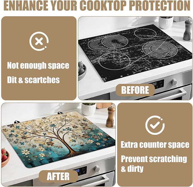 Vintage Tree of Life Stove Top Covers for Electric Stove, Electric Gas Stove Pad Heat Resistant Range Cooktop Protector for Home Decor Kitchen 28"x20"