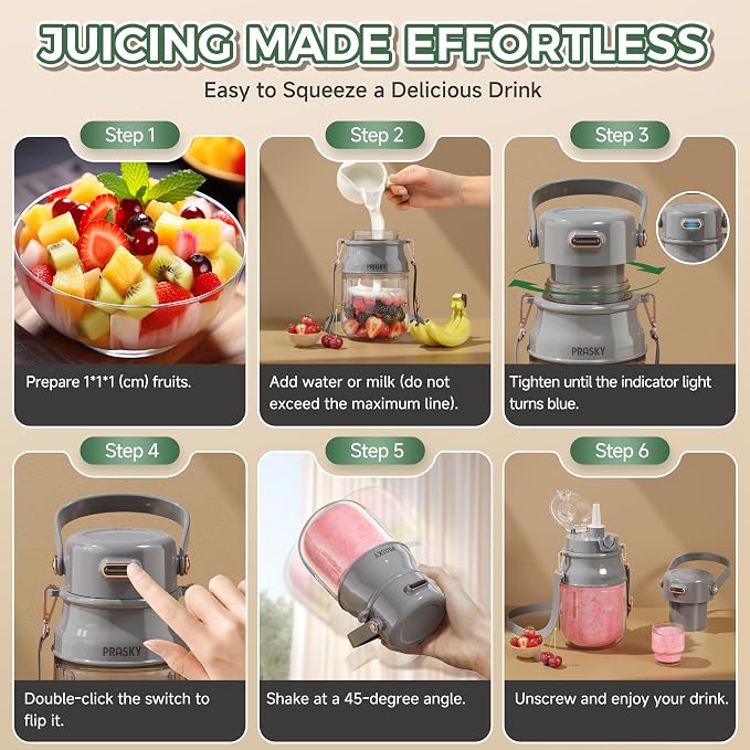 Portable Blender, 27oz Personal Blender for Smoothies & Protein Shakes with 70W Motor & Smart Lock, USB-C Rechargeable, BPA-Free for Travel/Office/Home/Gym Drink Mixer with Strap, Prasky (Light Gray) | Personal Size Blender for Smoothies, USB-C Recharg...