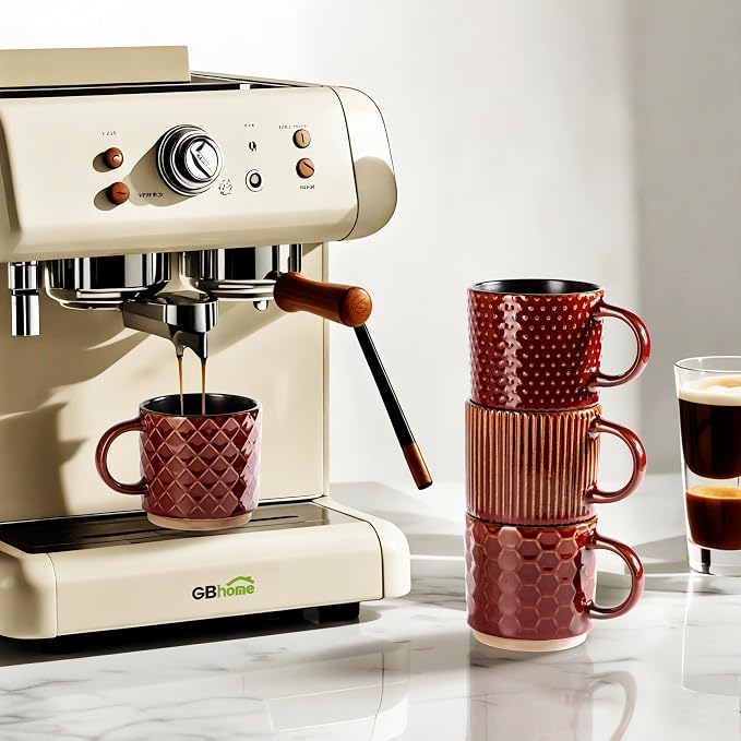 GBhome 12 OZ Stackable Coffee Mugs Set of 4, Ceramic Coffee Cups Set | 4 Assorted Designs, Embossed Mugs with Texture Patterns for Tea/Coffee, Dishwasher&Microwave Safe, Red