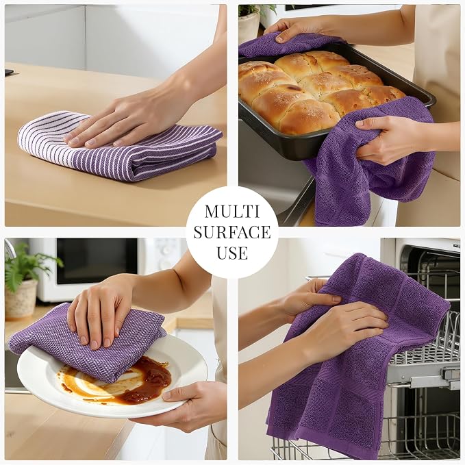 Homaxy 9 Pack Cotton Terry Premium Kitchen Towels, 18 x 28 in, Purple | Large 380 GSM Dish Towels, Highly Absorben Flat & Terry Kitchen Hand Towels, Soft Utility Tea Towel Set with Hanging Loop