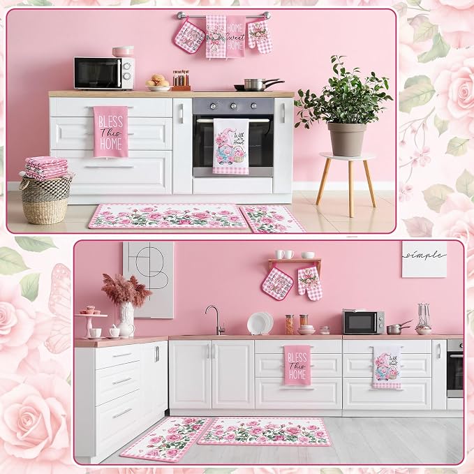 Fourluoo 10 Pcs Pink Rose Kitchen Decor Set Towels and Rugs Oven Mitts and Pot Holders Farmhouse Spring Kitchen Decor Set for Women Mom Gift Cooking Baking Grilling