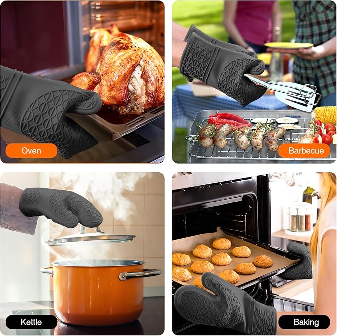 Silicone Oven Mitts, Heat Resistant 2PCS Oven Mitts with Soft Cotton Lining, Waterproof Non-Slip Grip Oven Glove, Kitchen Potholder Mits for BBQ, Baking, Cooking, 12.5 Inch - Black
