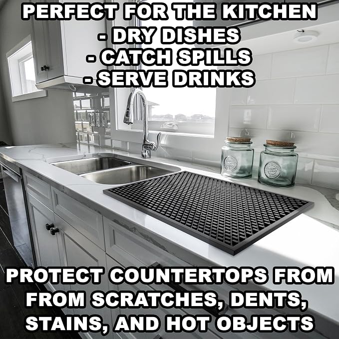 AXIESO Bar Mat 18 x 12 in - Silicone Coffee Bar Mats for Countertop | 1/2 in thick, heat-resistant, food-safe drip mat; non-slip dish drying mat for kitchen counters, restaurants and glassware