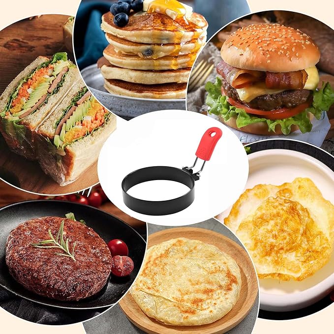 2 Pcs 6'' & 2 Pcs 3.5" Nonstick Stainless Steel Egg Rings with 1 Oil Brush & 1 Egg Separator, Round Crumpet Ring Mold for Muffins, Pancakes, Sandwiches Cooking