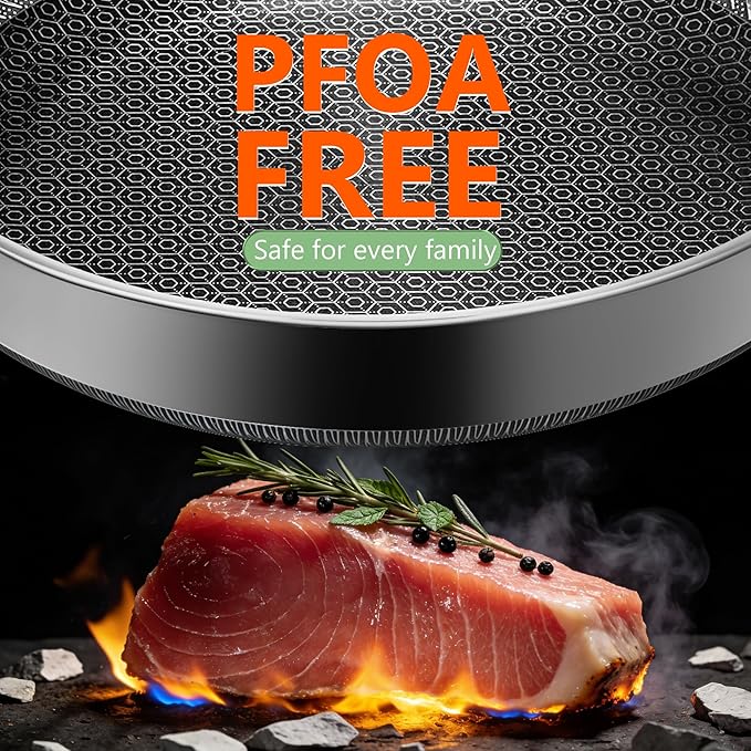 Non Stick Frying Pans, 12-inch with Lid, Hybrid Frying Pans Nonstick Stainless Steel Skillets, Dishwasher & Oven-Safe, Stay-Cool Handle, PFOA Free Cookware, Compatible with All Cooktops